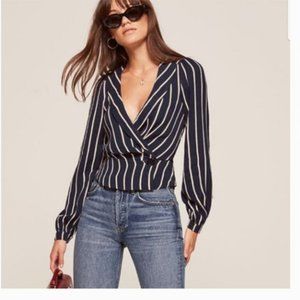 Reformation Folly Wrap Long Sleeve Capone Stripe Navy Top